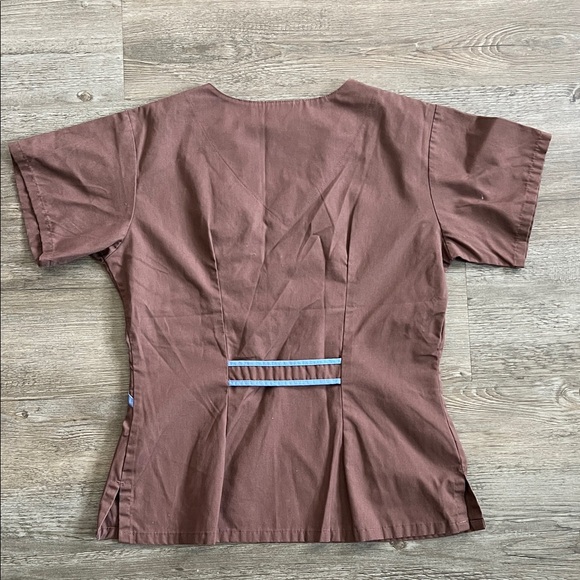Urbane Scrubs Chocolate Brown Scrub Top with Sky Blue Accents - Picture 6 of 7